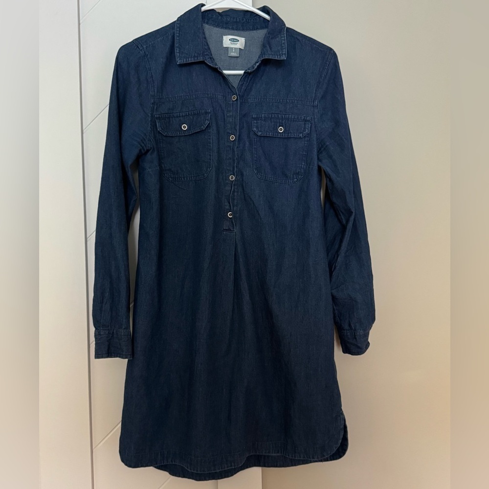 Old Navy Dark Wash Chambray Cotton Shirt Dress Snap Front Pockets Size S - Picture 5 of 8